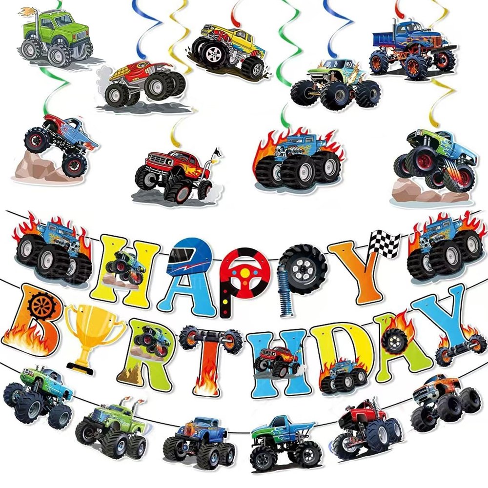 12pcs Monster Truck Birthday Party Banner Decorations Set Truck Happy Birthday Banner, Monster Trucks Banners Bunting Garlands and Trucks Themed Hanging Swirls for Cars Themed Party Supplies