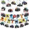 12pcs Monster Truck Birthday Party Banner Decorations Set Truck Happy Birthday Banner, Monster Trucks Banners Bunting Garlands and Trucks Themed Hanging Swirls for Cars Themed Party Supplies view 1