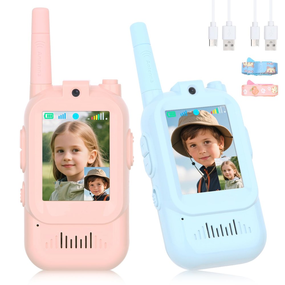 Video Walkie Talkies for Kids, 2 Pack Rechargeable Toddler Toys for Game Party Camping, Christmas(Blue-Pink)