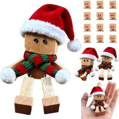 Christmas Shaking Wooden Man,Shaking Wooden Man Figurine with 12PCS Magnetic Expressions,Charming Little Wood Figure with Santa Hat and Scarf,Handmade Shak Feet Wood Decors,Funny Car Dashboard Decor