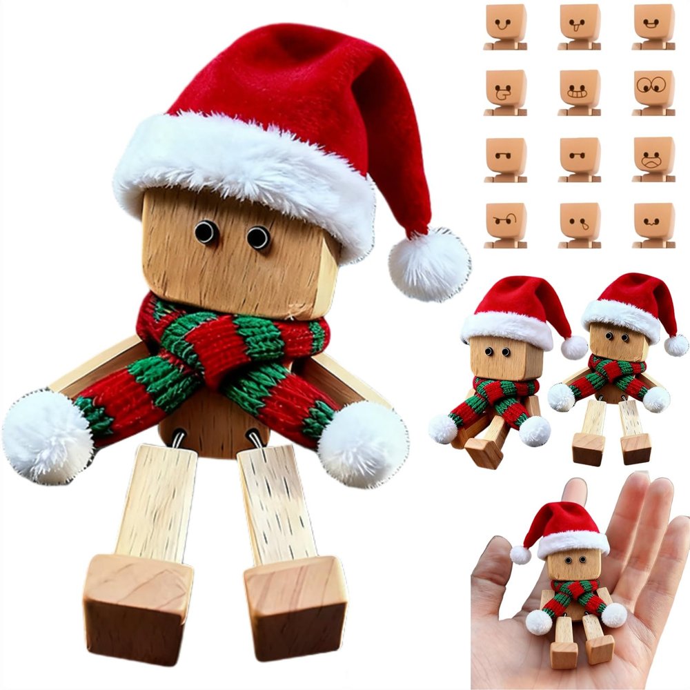Christmas Shaking Wooden Man,Shaking Wooden Man Figurine with 12PCS Magnetic Expressions,Charming Little Wood Figure with Santa Hat and Scarf,Handmade Shak Feet Wood Decors,Funny Car Dashboard Decor
