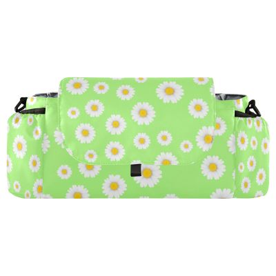 CZXW Baby Stroller Bag Daisy Light Green Stroller Caddy Organizer Bag with Adjustable Straps Non-slip Hook Large Storage for Strollers