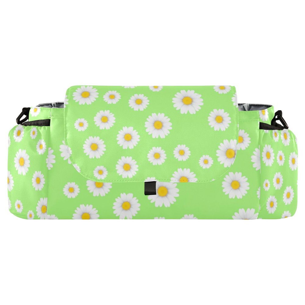 CZXW Baby Stroller Bag Daisy Light Green Stroller Caddy Organizer Bag with Adjustable Straps Non-slip Hook Large Storage for Strollers