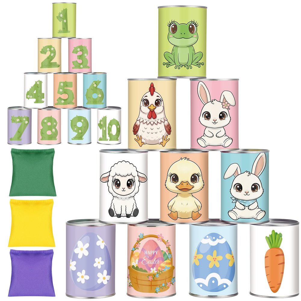 ShinyRelief 13 Pcs Easter Carnival Knockdown Can Game Set Bean Bag Toss Game for Kids Adults Throwing Knockdown 10 Cans with Bunny Egg Carrot 3 Sandbags for Easter Day Party Family Activities Supplies