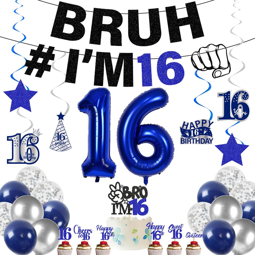 16th Birthday Decorations Boys Banner - 33 Pcs Blue Bruh IM 16 Banner Balloons Hanging Swirls Cake Cupcake Topper Table Sign For Sixteen Birthday Party Decor Supplies