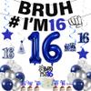 16th Birthday Decorations Boys Banner - 33 Pcs Blue Bruh IM 16 Banner Balloons Hanging Swirls Cake Cupcake Topper Table Sign For Sixteen Birthday Party Decor Supplies view 1