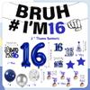 16th Birthday Decorations Boys Banner - 33 Pcs Blue Bruh IM 16 Banner Balloons Hanging Swirls Cake Cupcake Topper Table Sign For Sixteen Birthday Party Decor Supplies view 2