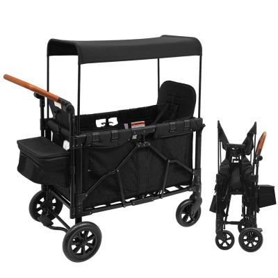 Wagon Stroller for 2 Kids, Foldable 2 Seats Outdoor Wagon Cart with Canopy, Adjustable Handlebars, 5-Point Safety Harness & Storage Pockets, Load Capacity of Each Seat: 66Lbs