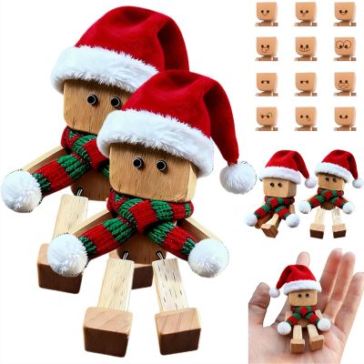 Christmas Shaking Wooden Man,Shaking Wooden Man Figurine with 12PCS Magnetic Expressions,Charming Little Wood Figure with Santa Hat and Scarf,Handmade Shak Feet Wood Decors,Funny Car Dashboard Decor