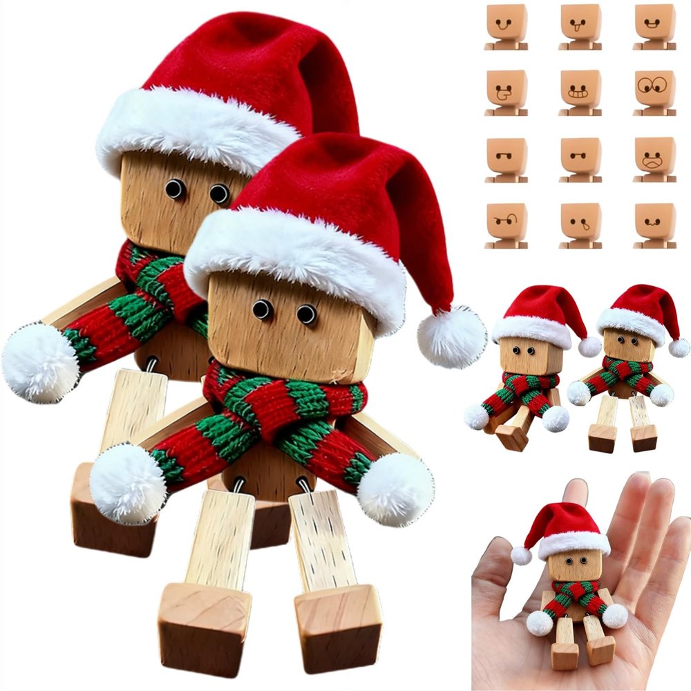Christmas Shaking Wooden Man,Shaking Wooden Man Figurine with 12PCS Magnetic Expressions,Charming Little Wood Figure with Santa Hat and Scarf,Handmade Shak Feet Wood Decors,Funny Car Dashboard Decor