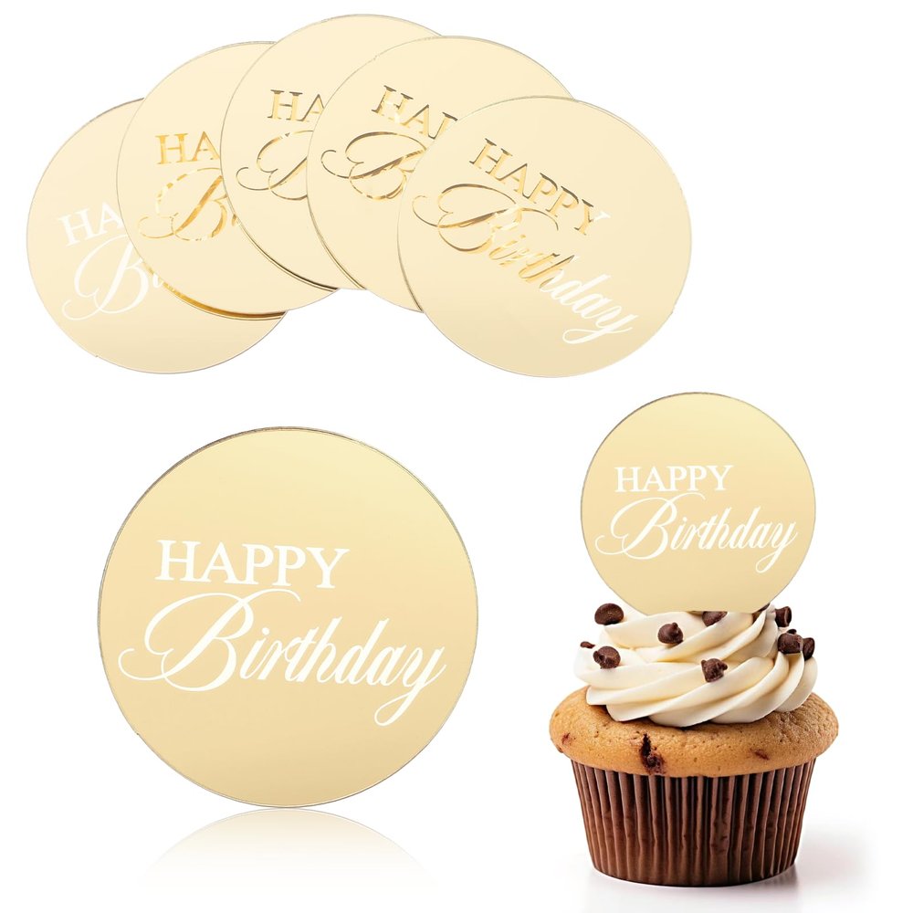 20PCS Gold happy Birthday Cupcake Toppers, Circle Mirror Birthday Cupcake topper, Gold Acrylic Birthdays Cup Cake Toppers Decoration for Party