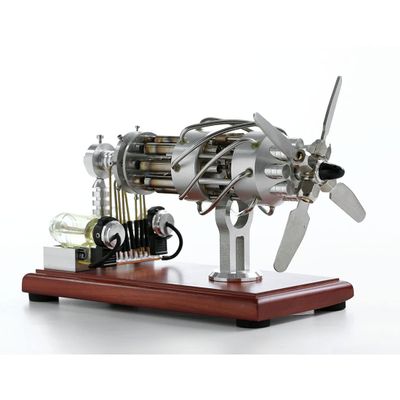 16-Cylinder Swash Plate Hot-Air Stirling Engine Model  Silver Stainless Steel Thermal Power Engine with Wooden Base, Butane-Powered Physics Educational STEM Collectible