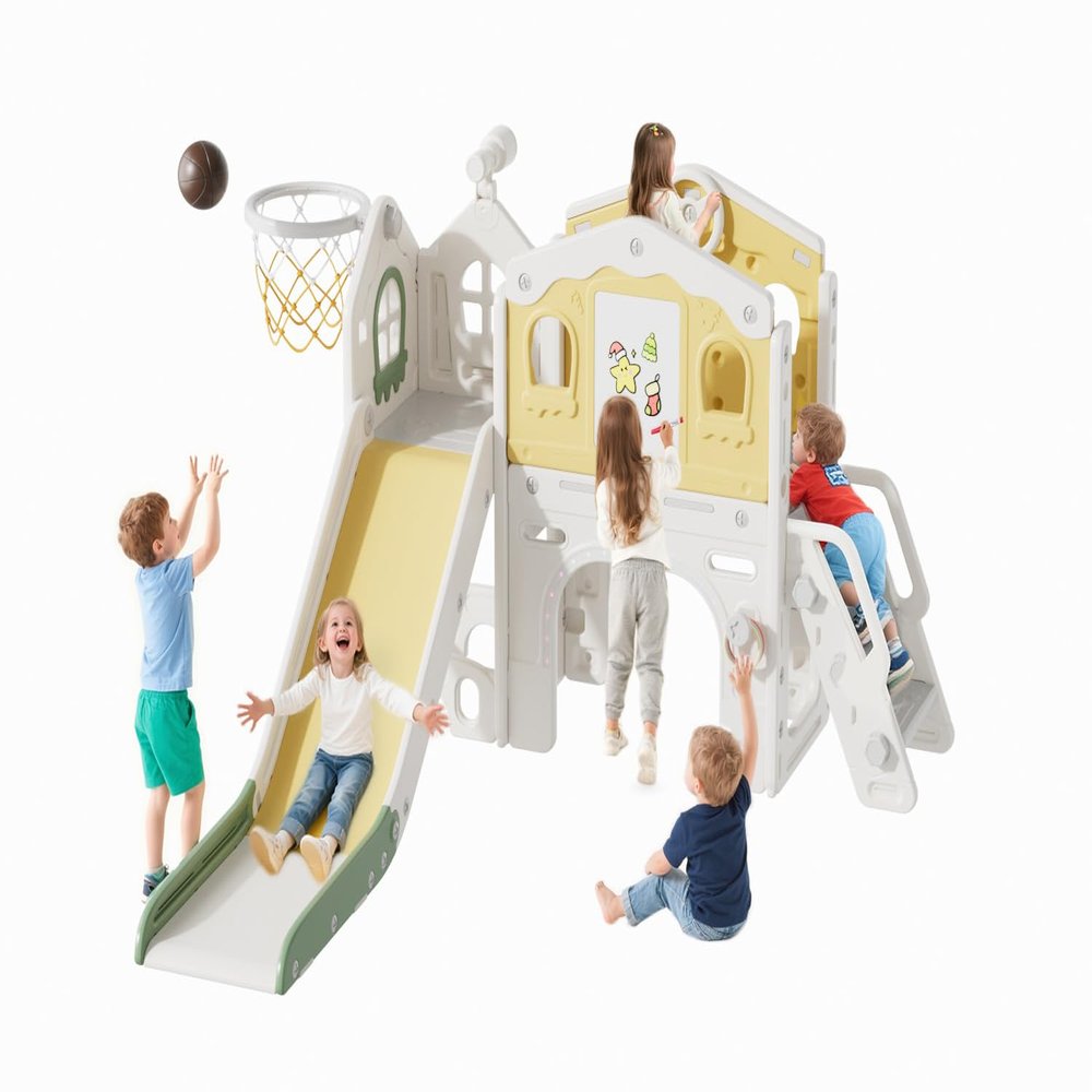 11 in 1 Toddler Slide, Kids Indoor Slide for Toddlers 1-3 Years Old, Toddler Indoor Playground with Drawing Board, Ring Toss, Basketball Hoop and Storage (Yellow)