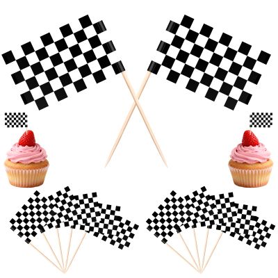 100Pcs Racing Checkered Flag Toothpicks, Double-Sided Black White Party Cake Toppers Flags on Wooden Sticks for Race Car Cupcakes Food Cocktails Racing Themed Party Decorations