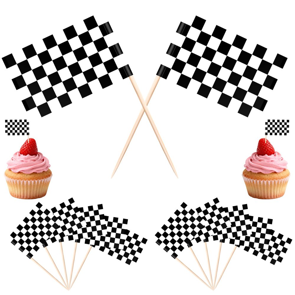 100Pcs Racing Checkered Flag Toothpicks, Double-Sided Black White Party Cake Toppers Flags on Wooden Sticks for Race Car Cupcakes Food Cocktails Racing Themed Party Decorations