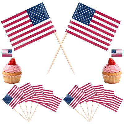 100 Pcs American Flag Toothpicks, USA Patriotic Double-Sided Decorative Flags on Wooden Sticks for 4th of July, Independence Day Parties, Cupcakes, Cocktails, Food and Party Decorations