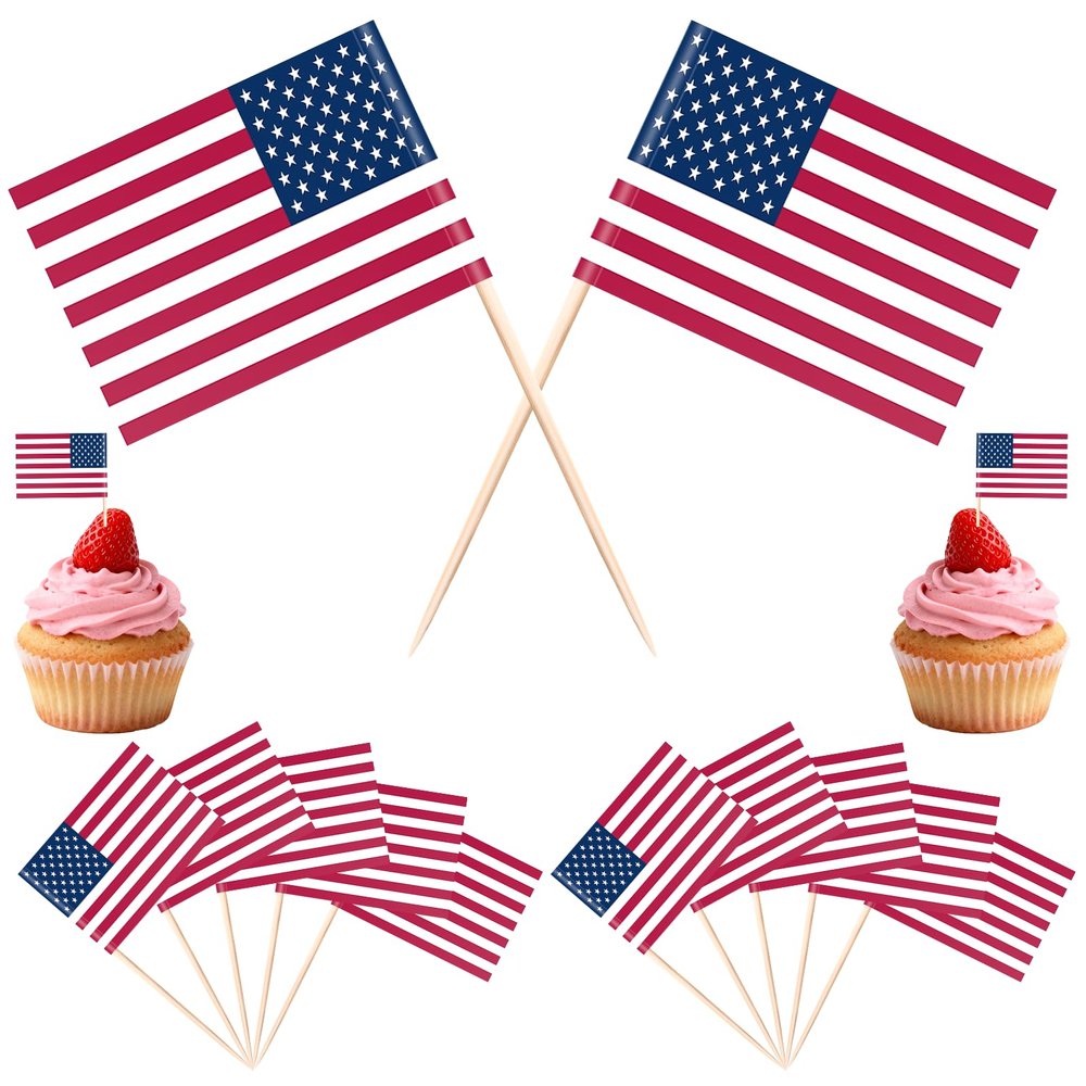 100 Pcs American Flag Toothpicks, USA Patriotic Double-Sided Decorative Flags on Wooden Sticks for 4th of July, Independence Day Parties, Cupcakes, Cocktails, Food and Party Decorations