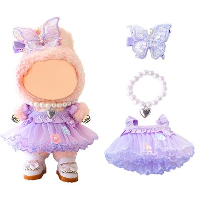 15cm 17cm Doll Clothes Set for Lububu, Purple Princess Dress Summer Outfit with Tulle Skirt, Hairpin & Pearl NecklaceCute Clothing and Accessories Designer for 6.7 Inch Women Girl Dolls Display