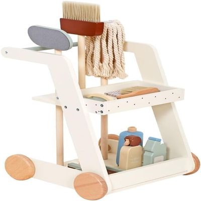 Kids Wooden Cleaning Rolling cart with Wheels Set Toddlers Learning Utility cart Toys Pretend Play Tools with Broom, Dustpan, Brush, Mop - Ages 3+