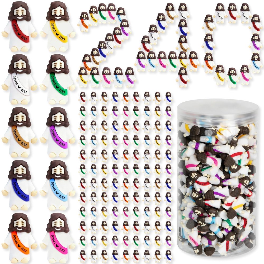 240 Pcs Little Jesus Figures Rubber Mini Jesus Figurines in Bulk Tiny Baby Jesus Loves You Figures With Bottle for Hide and Seek Easter Egg Fillers Egg Hunt Party Favors Gifts (10 Color*240)