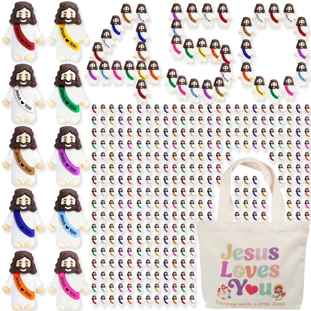 450 Pcs Little Jesus Figures Rubber Mini Jesus Figurines in Bulk Tiny Baby Jesus Loves You Figures With Canvas Bag for Hide and Seek Easter Egg Fillers Egg Hunt Party Favors Gifts (10 Color*450)