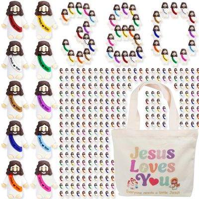 380 Pcs Little Jesus Figures Rubber Mini Jesus Figurines in Bulk Tiny Baby Jesus Loves You Figures With Canvas Bag for Hide and Seek Easter Egg Fillers Egg Hunt Party Favors Gifts (10 Color*380)