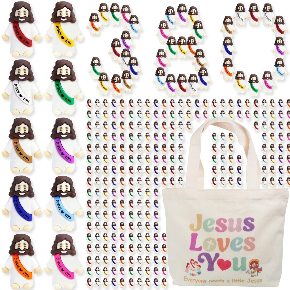 380 Pcs Little Jesus Figures Rubber Mini Jesus Figurines in Bulk Tiny Baby Jesus Loves You Figures With Canvas Bag for Hide and Seek Easter Egg Fillers Egg Hunt Party Favors Gifts (10 Color*380)