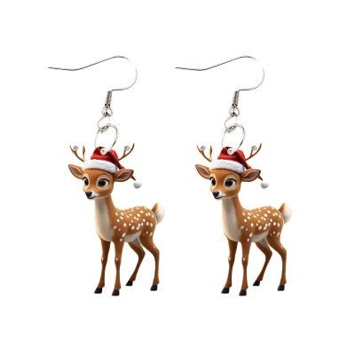 Christmas Earrings Cute Red Hat Deer Drop Dangle Earrings for Women Exquisite Acrylic Animal Earrings Xmas Holiday Costume Jewelry Fashion Accessories (Cute Deer)