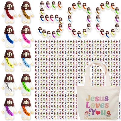 500 Pcs Little Jesus Figures Rubber Mini Jesus Figurines in Bulk Tiny Baby Jesus Loves You Figures With Canvas Bag for Hide and Seek Easter Egg Fillers Egg Hunt Party Favors Gifts (10 Color*500)