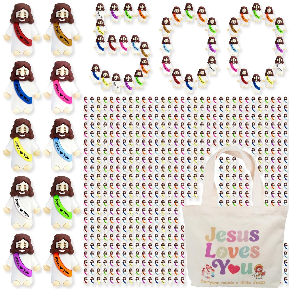 500 Pcs Little Jesus Figures Rubber Mini Jesus Figurines in Bulk Tiny Baby Jesus Loves You Figures With Canvas Bag for Hide and Seek Easter Egg Fillers Egg Hunt Party Favors Gifts (10 Color*500)