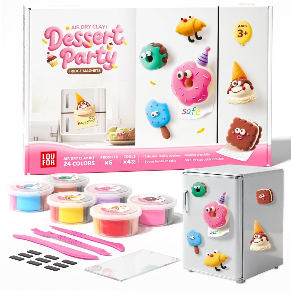 Air Dry Clay Kit for Kids - Fridge Magnets Making, 6 Boxes Modeling Clay with Sculpting Tools Tutorials, Ultra Light & Soft, Non-Toxic & Safe, DIY Arts and Crafts, Make Your Own Refrigerator Magnet