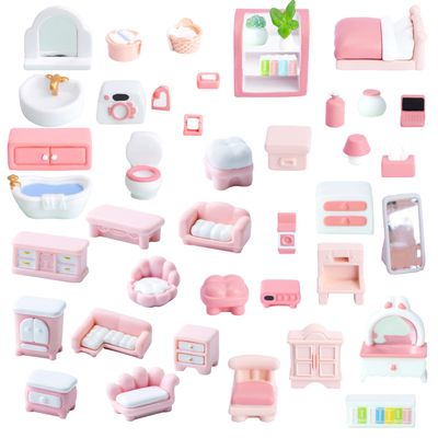 42 Pcs 1:48 Scale Miniature Pink Furniture Set DIY Craft Decor Includes Bathroom (Bathtub/Toilet), Bedroom (Bed/Wardrobe), Living Room (Sofas) for Mini House