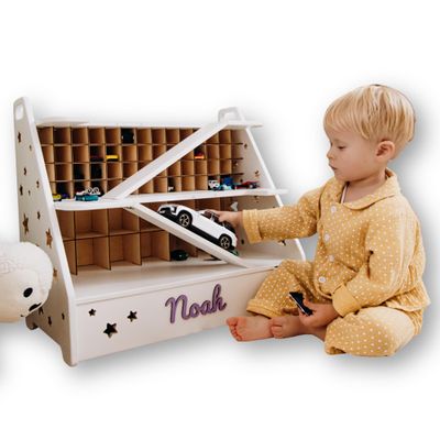 Car Garage for Toddlers, Personalized Toy Garage Car Ramp, Toddler Boy Birthday Gift, Shelf with Toy Storage, Furniture for Playroom