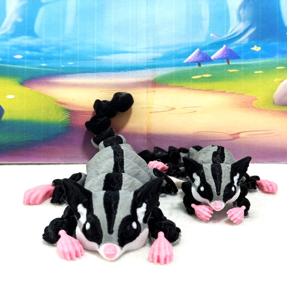 2pcs Articulating Sugar Gliders Toy 3D Printed Mother and Child Sugar Glider Fidget Toy Fun, Flexible & Poseable Gift for Sugar Glider Lovers - 3D Printed in USA - ASG001-Gray-2x