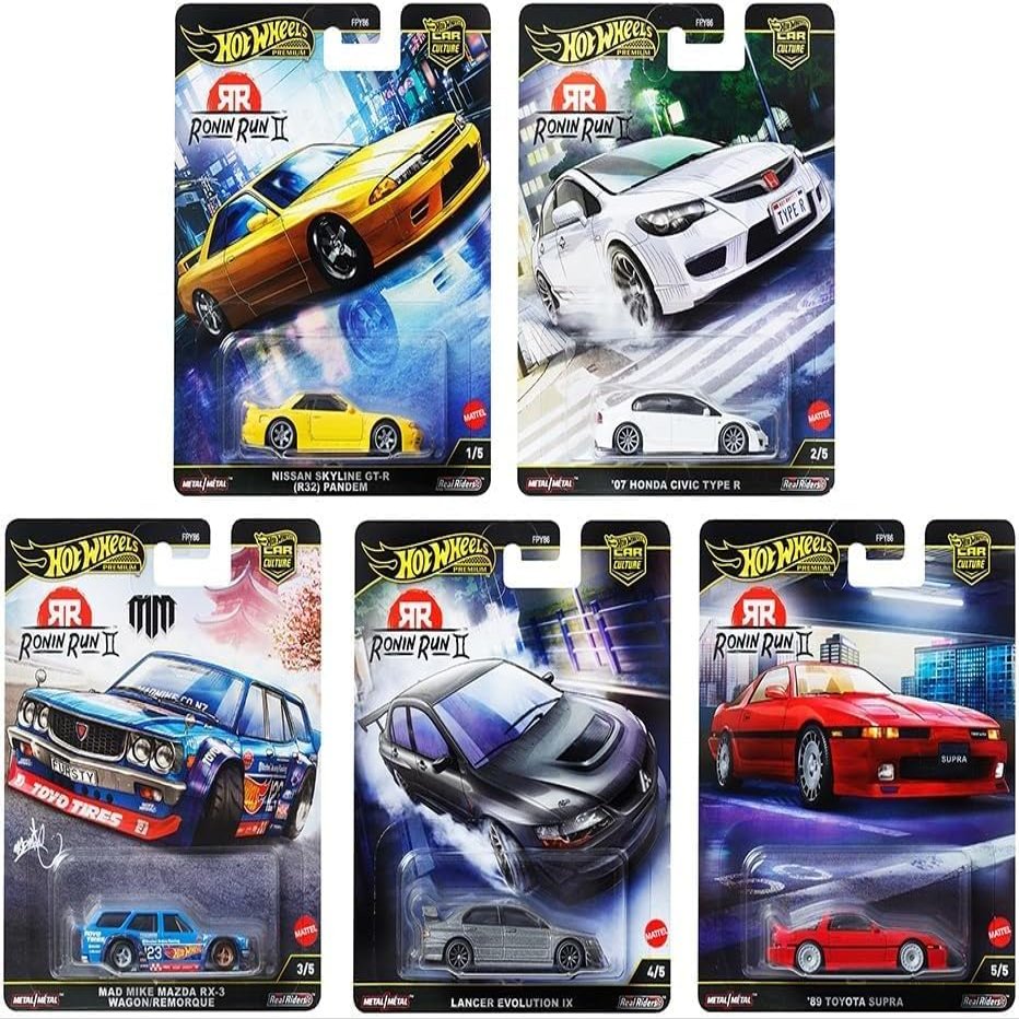 1:64 Scale Diecast Model Car Compatible with Hot Wheels Premium Car Culture Ronin Run II M Case Set of 5 Cars, FPY86-961M