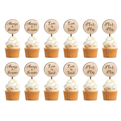 12 PCS Rustic Wedding Cupcake Toppers in Wood Mr & Mrs Wedding Cupcake Decorations