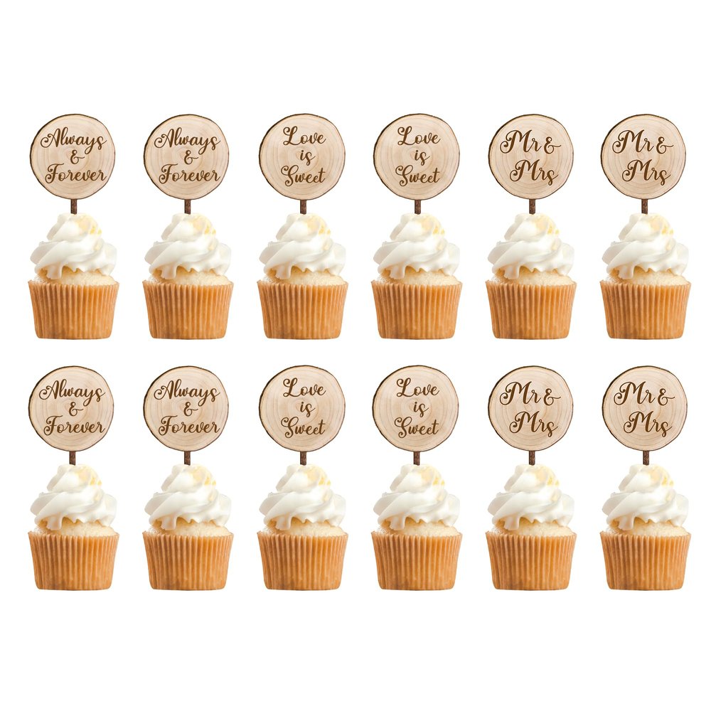 12 PCS Rustic Wedding Cupcake Toppers in Wood Mr & Mrs Wedding Cupcake Decorations