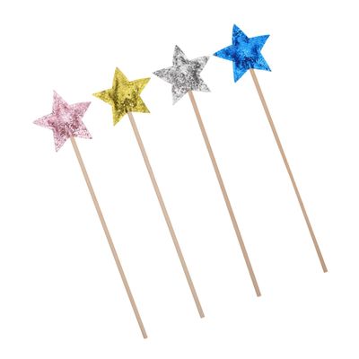 BESPORTBLE 4pcs Star Shape Fairy Wands Lightweight Cloth Wood Sticks for Birthday Party Cosplay Stage Performance Decoration in Gold Silver Blue Pink