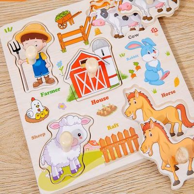 Childrens Educational Montessori Learning Board with Hand Grasp (Animal Bugs Dinosaurs)