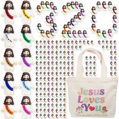 320 Pcs Little Jesus Figures Rubber Mini Jesus Figurines in Bulk Tiny Baby Jesus Loves You Figures With Canvas Bag for Hide and Seek Easter Egg Fillers Egg Hunt Party Favors Gifts (10color*320)