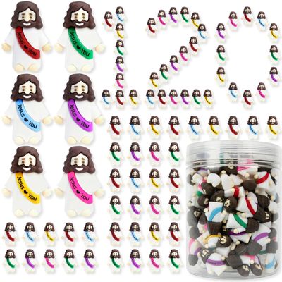 120 Pcs Little Jesus Figures Rubber Mini Jesus Figurines in Bulk Tiny Baby Jesus Loves You Figures With Bottle for Hide and Seek Easter Egg Fillers Egg Hunt Party Favors Gifts (6color*120)