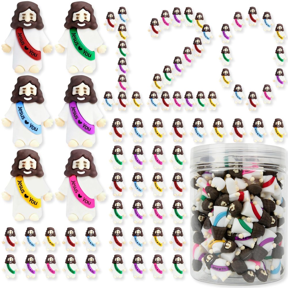 120 Pcs Little Jesus Figures Rubber Mini Jesus Figurines in Bulk Tiny Baby Jesus Loves You Figures With Bottle for Hide and Seek Easter Egg Fillers Egg Hunt Party Favors Gifts (6color*120)