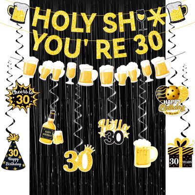 20pcs 30th Birthday Decorations for Him, Happy 30th Birthday Decorations Include 30th Birthday Banner Hanging Swirls Foil Fringe Curtain for Women Men Black and Gold 30th Birthday Decorations