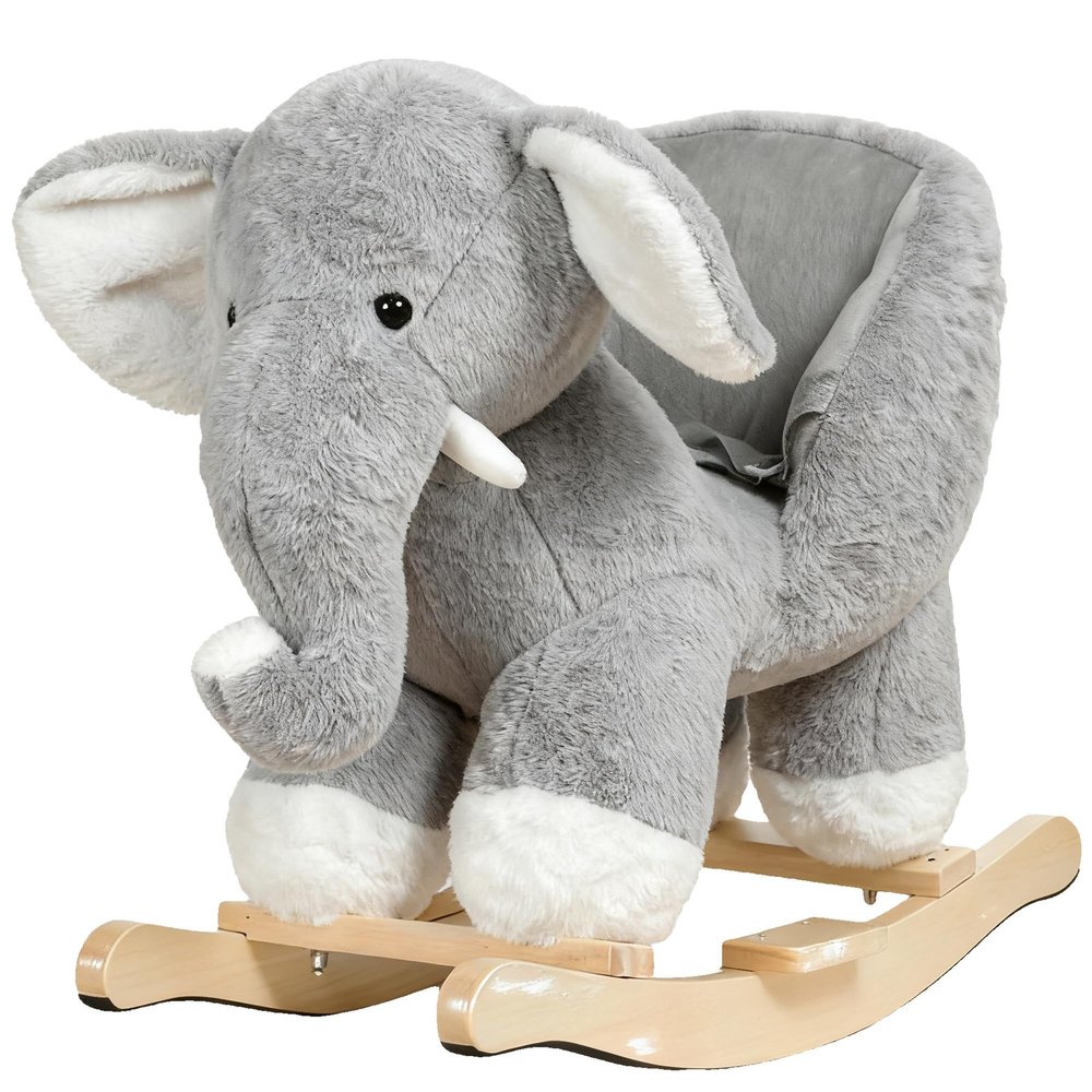 Baby Rocking Horse, Plush Elephant Riding Horse with Music, Toddlers Wooden Rocking Horse for 1-3 Year Old, Stuffed Ride-on Rocker Animals Toy for Baby Boys and Girls Birthday Gift Gray
