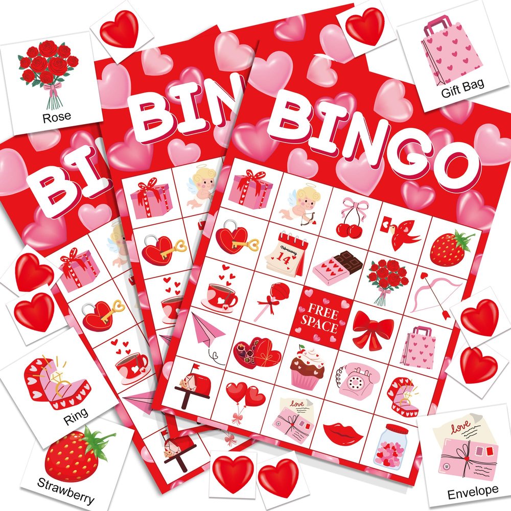 Fairooth 32 Players Valentines Day Bingo Cards for Kids Adults Valentine Party Game Cards Valentines Bingo Game Crafts for School Classroom Family Games Large Group Activity Valentine Party Supplies