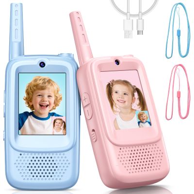 Video Walkie Talkies for Kids, 2 Pack Rechargeable Walkie Talkies with Screen and 4 Voice Changer, Christmas Birthday Gifts for Boys and Girls Ages 3-12, Indoor Outdoor Toys for Family Games, Camping