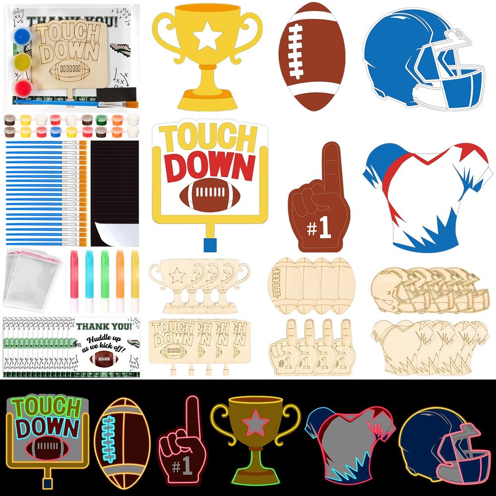 24 Set Football Party Favors - Football Birthday Party Supplies - Non-Toxic DIY Wooden Paint Crafts - with Magnet Luminous Pen - American Rugby Birthday Goodie Bags Gifts Prizes for Kids Boys Toddler