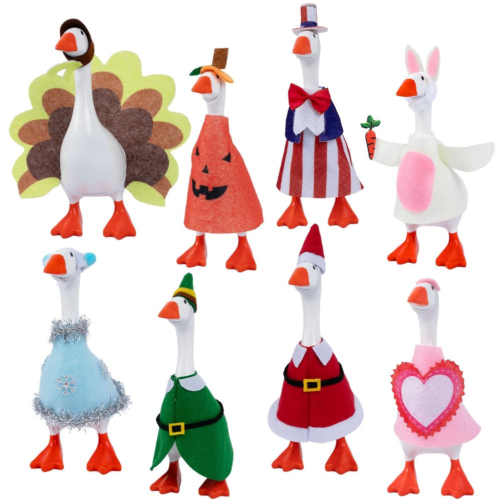 8 Set 7 Inch Desk Goose Outfits Holiday Set Christmas, Valentine Mini Desk Goose Clothes Felt Costumes, Cute Seasonal Desk Goose Accessories for Magnetic Geese or Duck Statue, Desktop Motion Toys