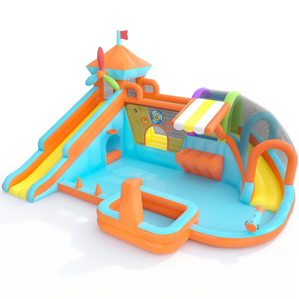 10 in 1 Inflatable Bounce House with Double Slides 750W Blower, Toy Stand, Splash Pool, Climbing Wall, Jumping, Water Cannon, Basketball, Bouncy House for Kids Indoor Outdoor, Orange