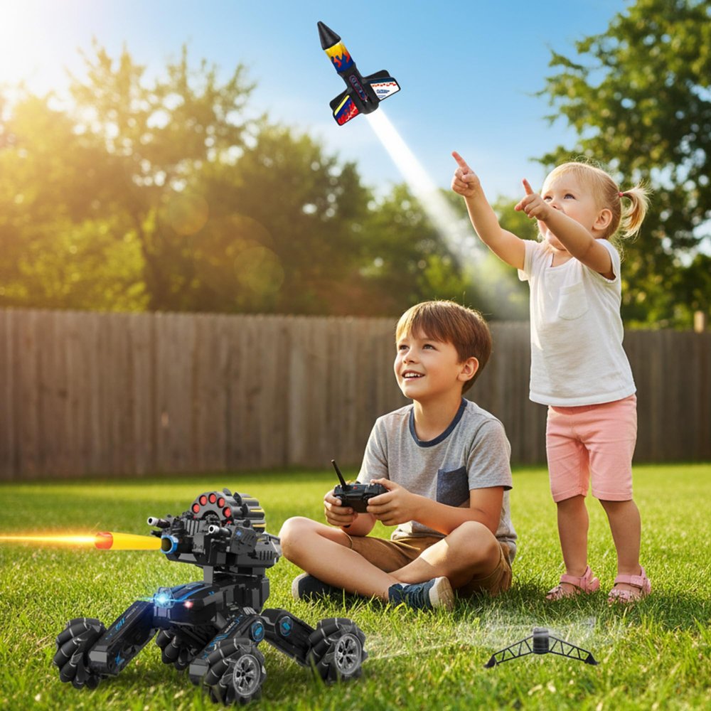 Rocket Launcher Model Rocket Kit, Ultra-High Flying Outdoor Toys, Black + Deformable RC Tank Car with Drift, Hand Gesture Control Dual-Mode, Lights, Spray & Music, 2.4GHz, Fighting Bullets, Kids 8-12